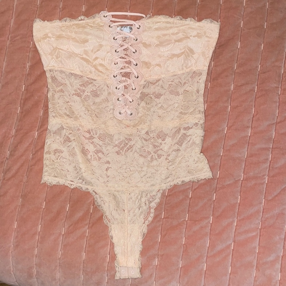 guess lace pink strapless bodysuit